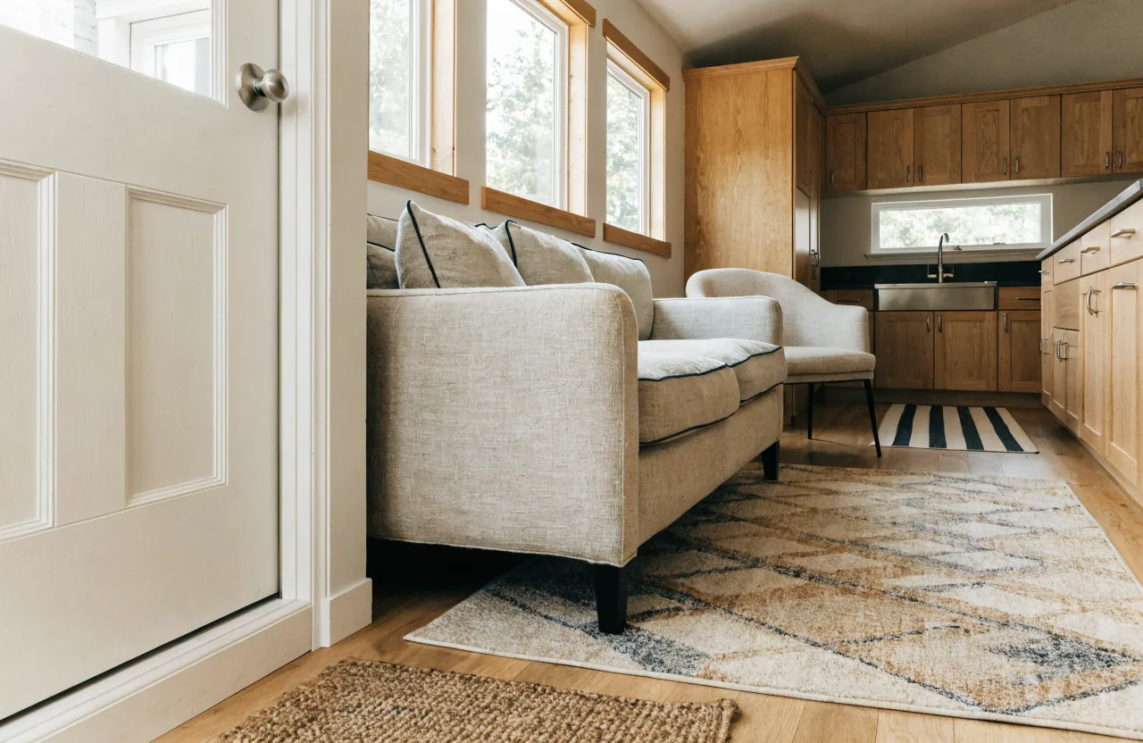 Tiny house living zone defined by a rug with a separate kitchen runner