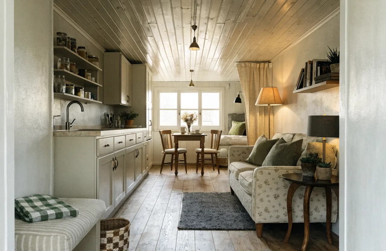 Tiny house layout with clear living dining kitchen work and sleep zones