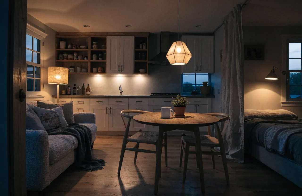 Layered lighting creating separate zones in a compact tiny house interior