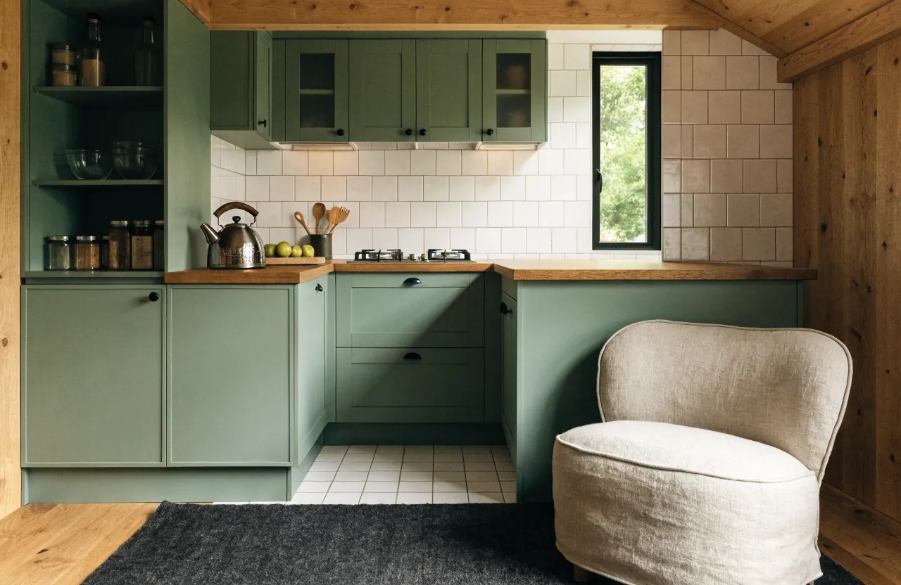 Tiny house kitchen with a clear edge separating cooking and living zones