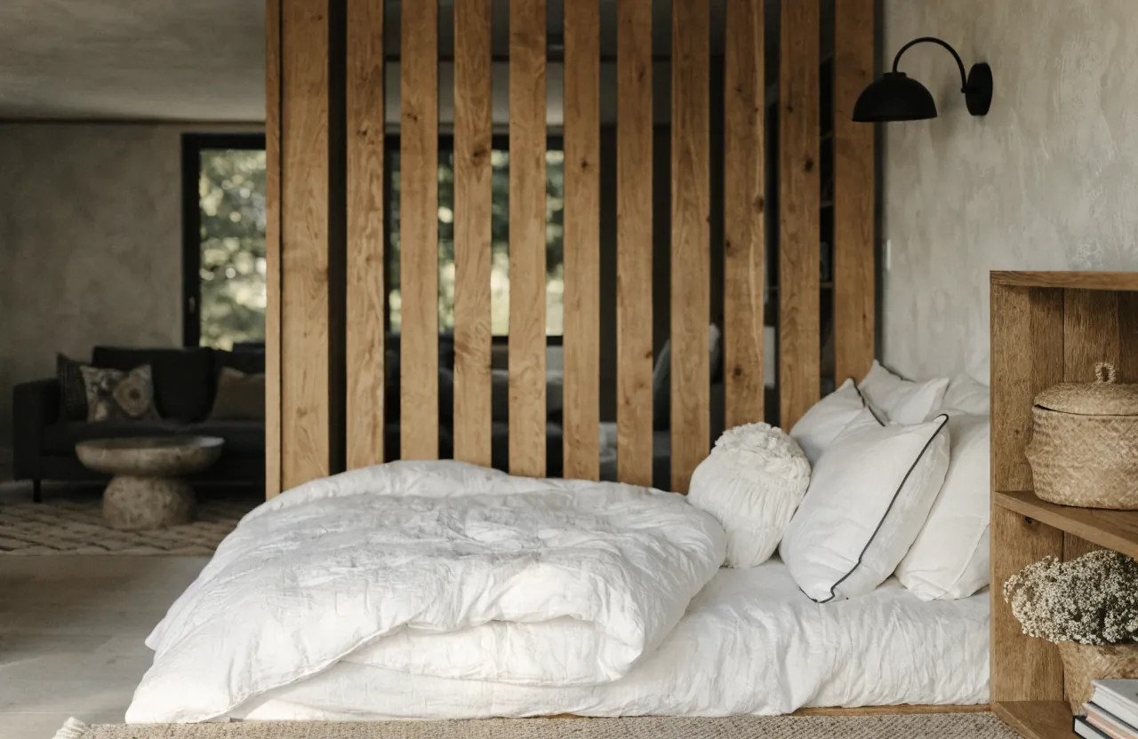 Slatted room divider separating a tiny house sleep zone while keeping light open