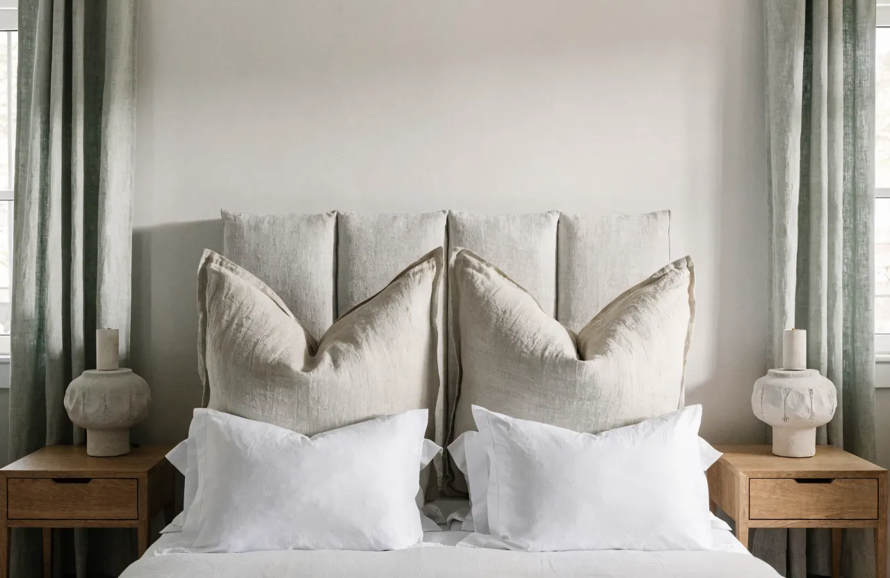 Back layer of sleeping pillows and Euro shams anchoring a bed pillow arrangement
