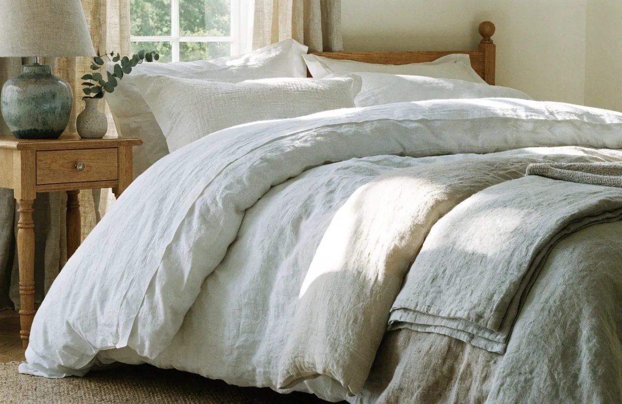 Folded duvet and top sheet creating a soft layered bedding look