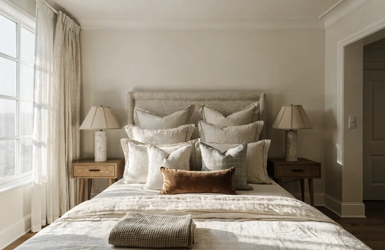 A soft layered bed pillow arrangement with shams, sleeping pillows, accent pillows, and a lumbar pillow