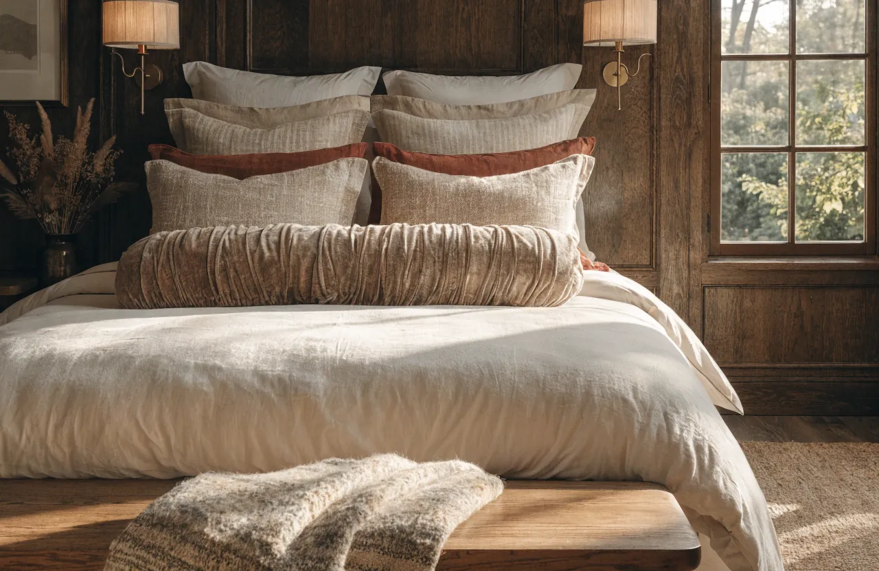 Long lumbar pillow placed in front of stacked bed pillows for a layered look