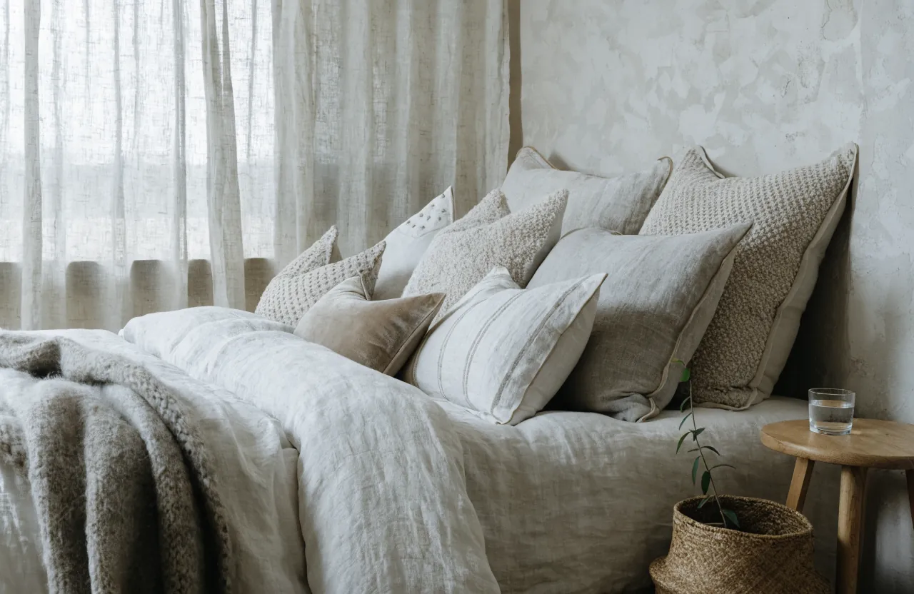 Neutral textured bedroom pillows layered with linen, boucle, and embroidered cotton