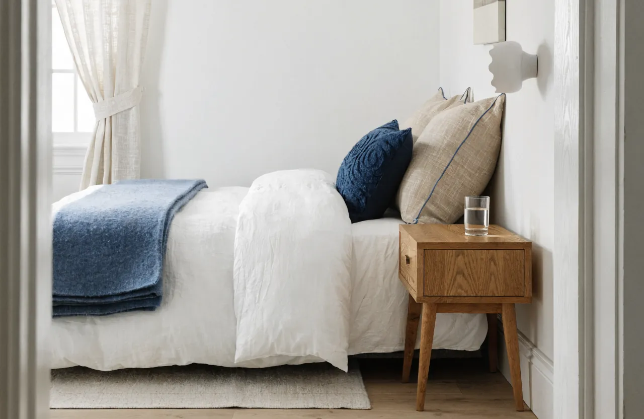 Small bedroom bed styled with a restrained pillow arrangement and a folded throw