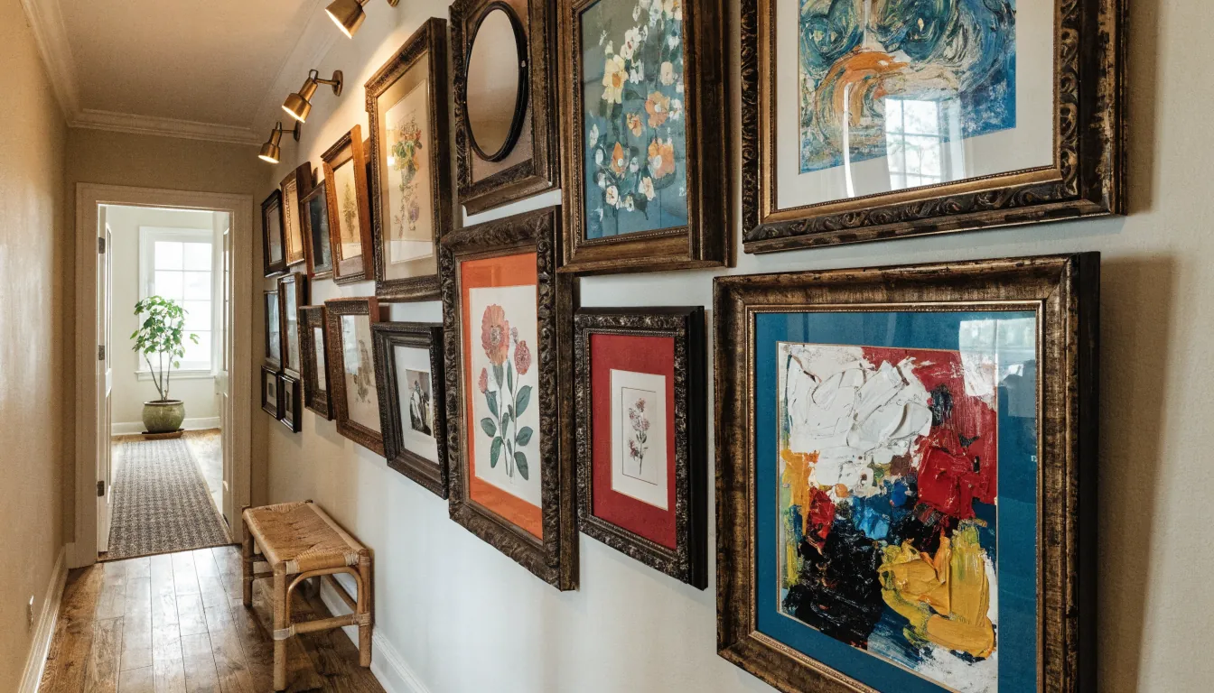 Eclectic hallway with large gallery wall colorful art and vintage frames