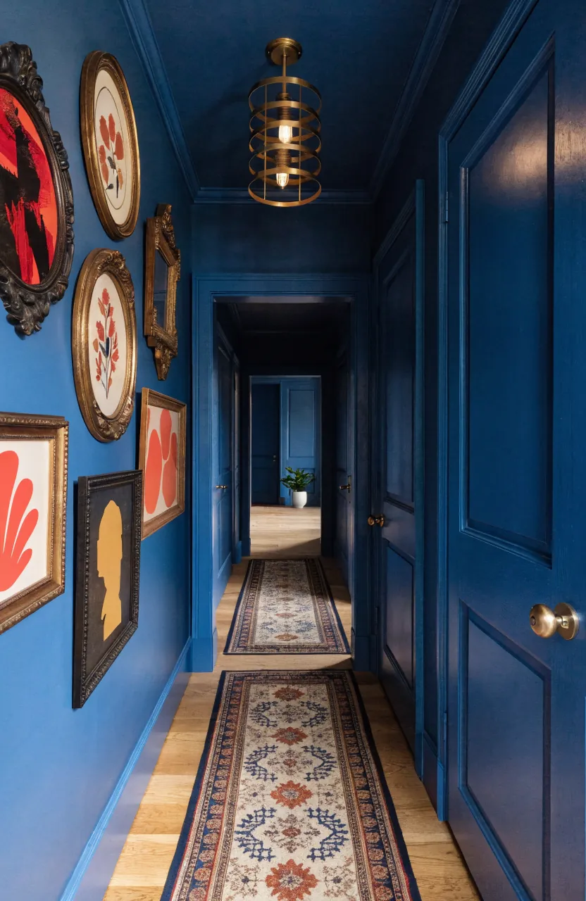 Maximalist hallway with color drenched walls gallery art and patterned runner