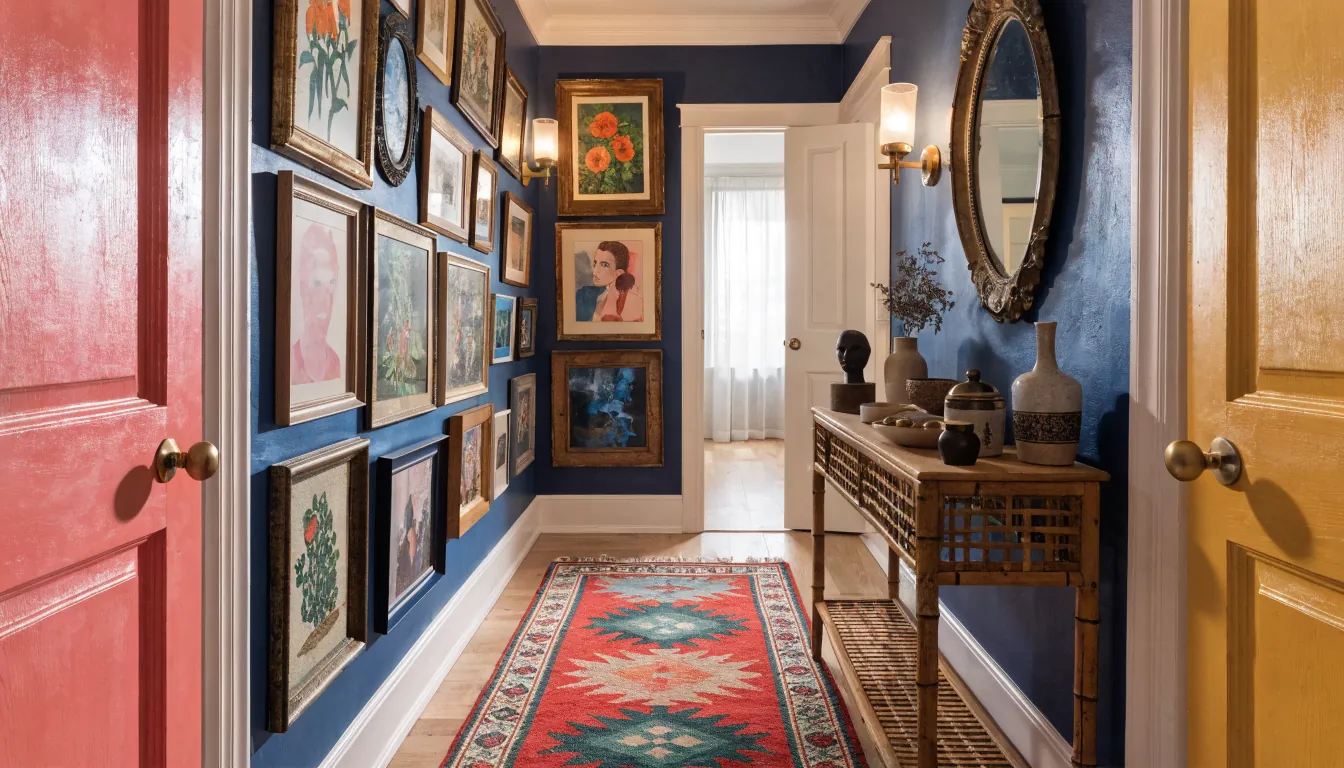 Bold maximalist hallway with colorful gallery wall patterned runner and eclectic entryway decor