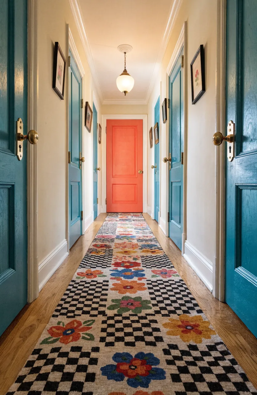 Funky hallway with patterned runner painted doors and colorful wall decor