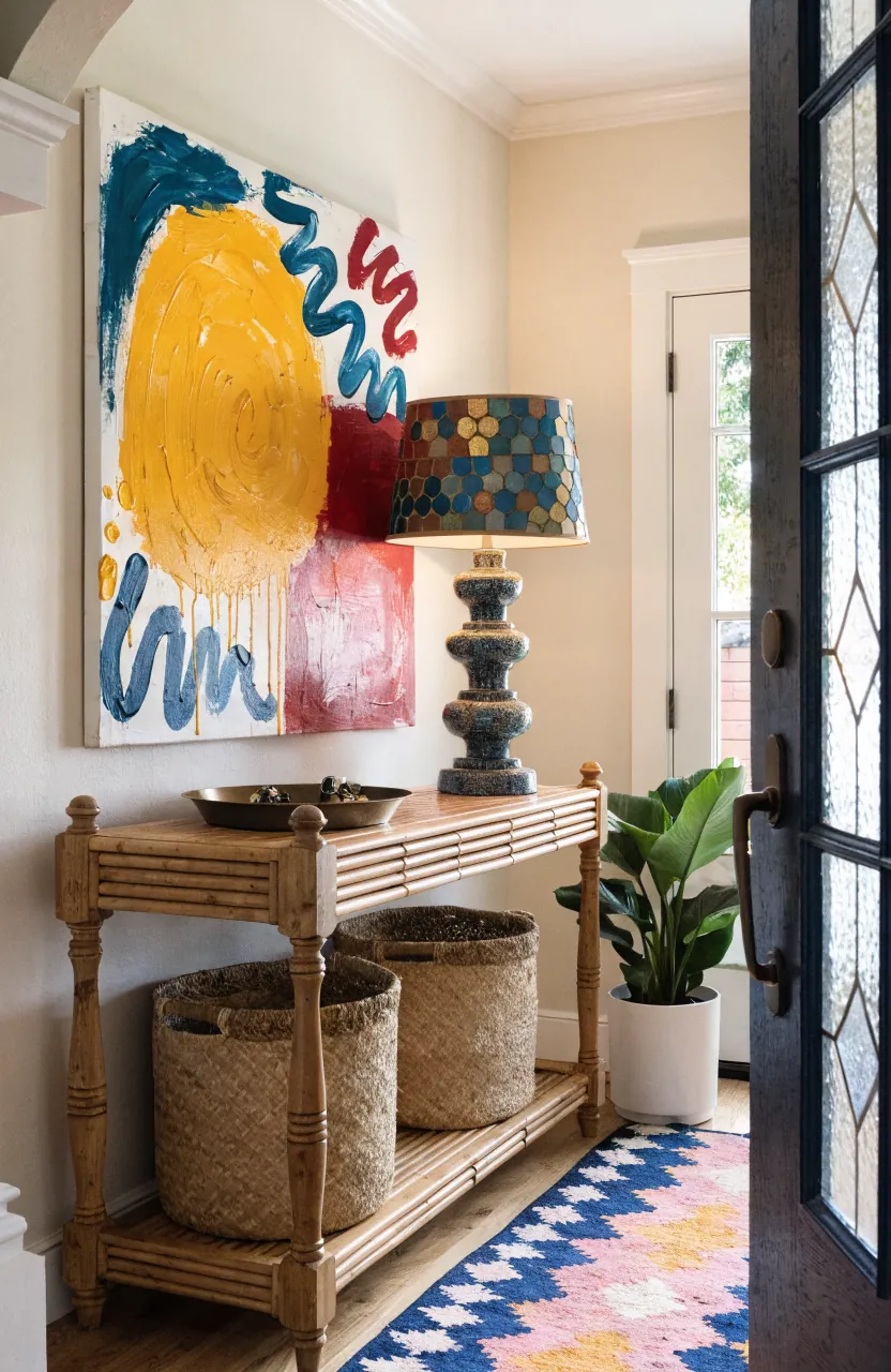 Eclectic entryway with bamboo console colorful art baskets and bold lamp