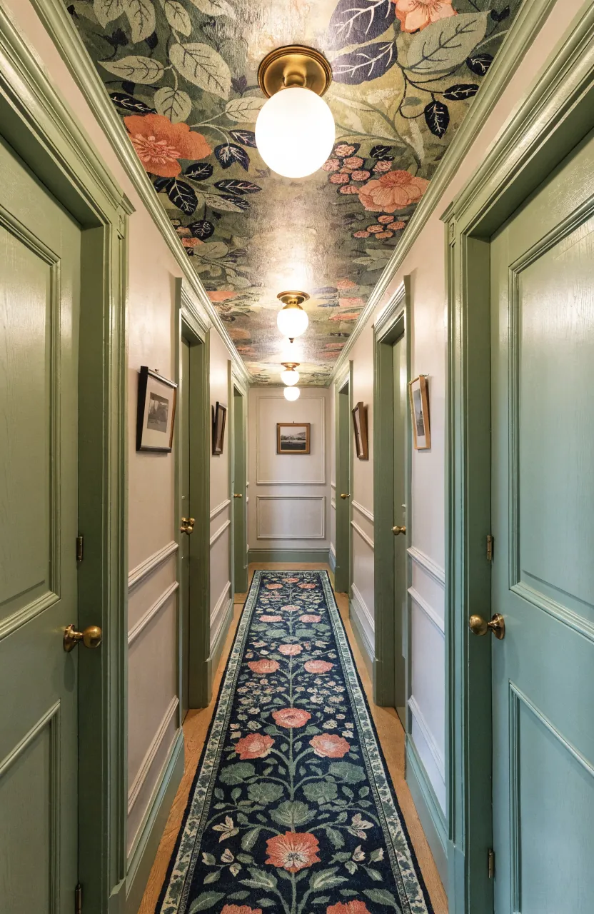 Maximalist hallway with wallpapered ceiling colorful runner and warm lighting