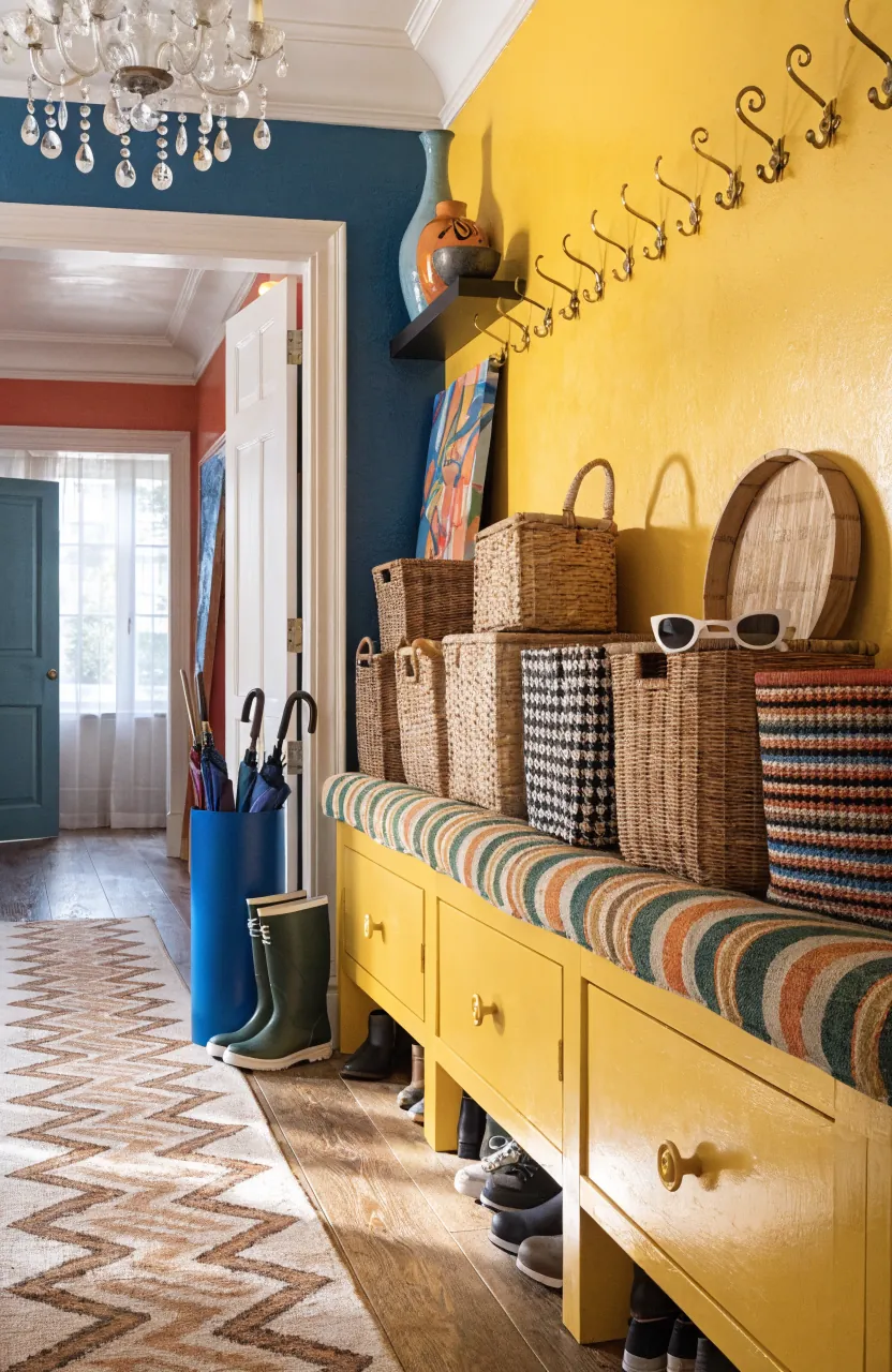 Bright maximalist hallway with storage bench patterned baskets and colorful hooks