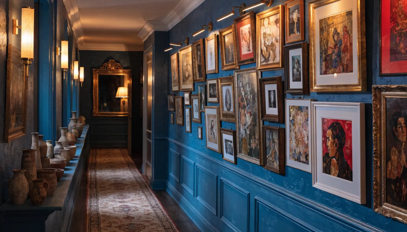 Maximalist hallway with warm wall lights colorful art and layered decor