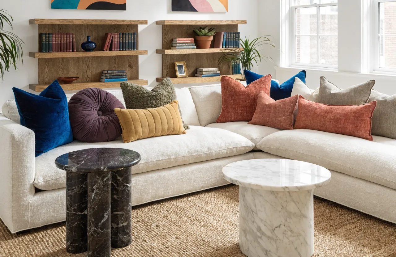 Colorful throw pillows adding personality to a neutral living room