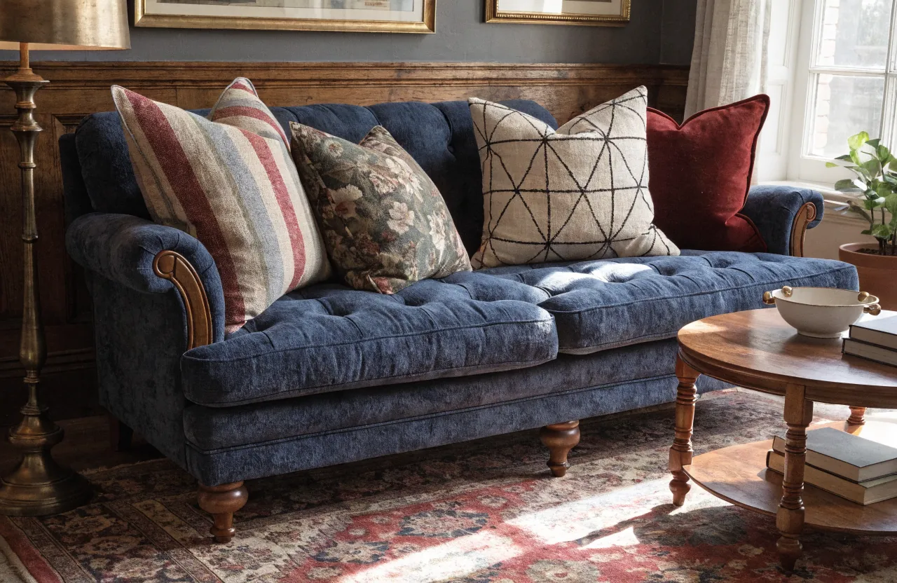 Patterned throw pillows with stripes, florals, and geometric prints on a sofa
