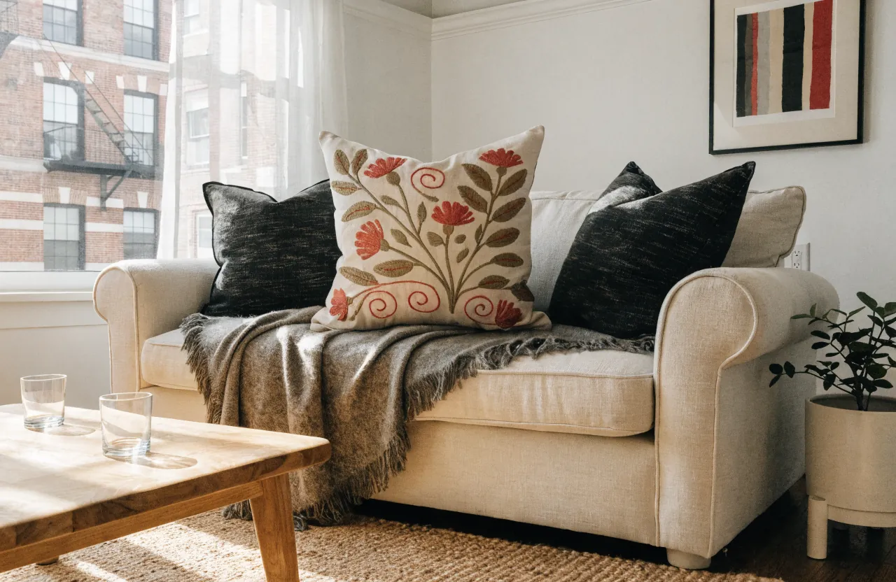 A sofa with one statement throw pillow balanced by quieter textured pillows