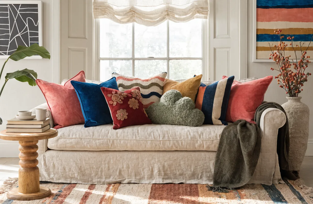 A colorful living room sofa styled with fun throw pillows that add personality