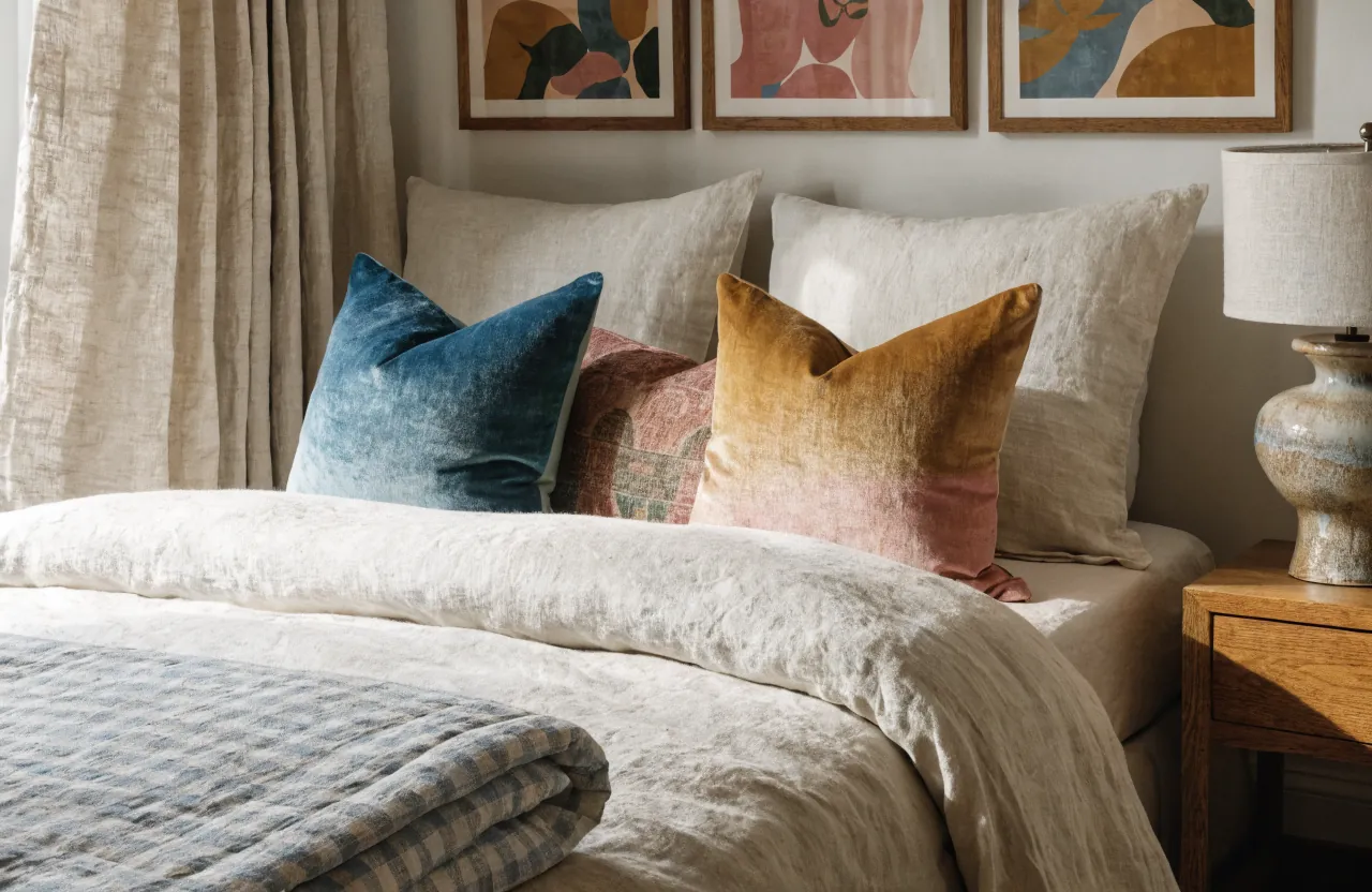Fun throw pillows adding personality to layered bedroom decor
