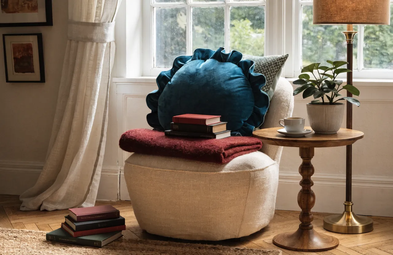 A playful shaped throw pillow styled on a reading chair with books and art