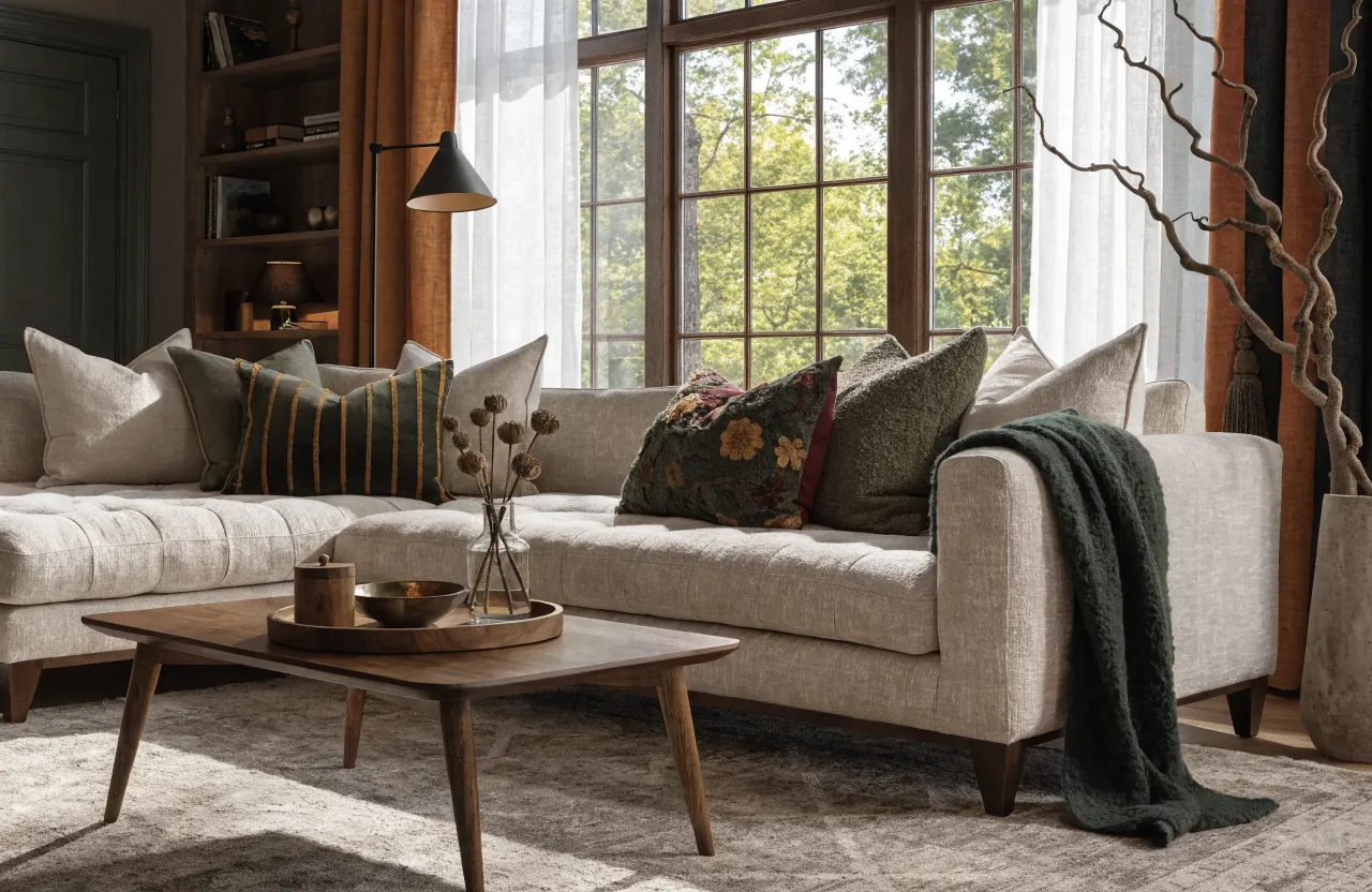 Seasonal throw pillow refresh with colorful covers, texture, and a folded throw