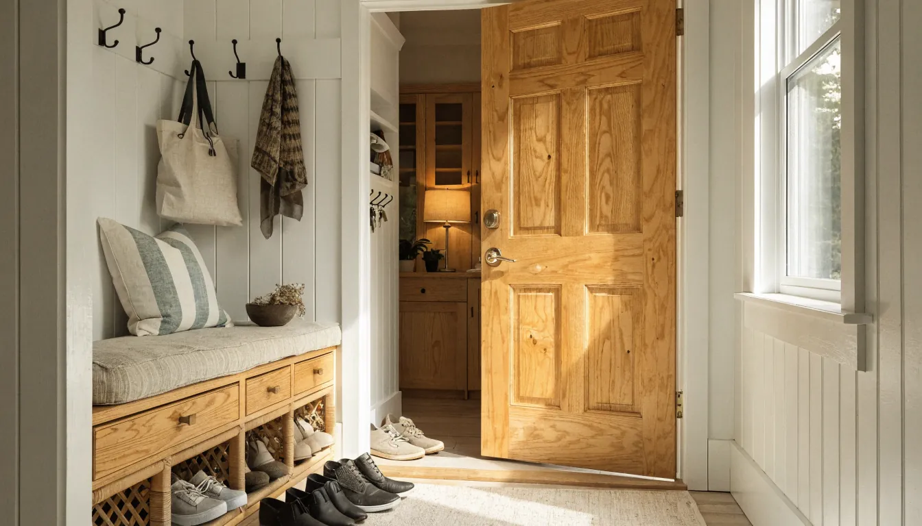 Tiny house entryway with bench hooks shoe storage and a compact drop zone