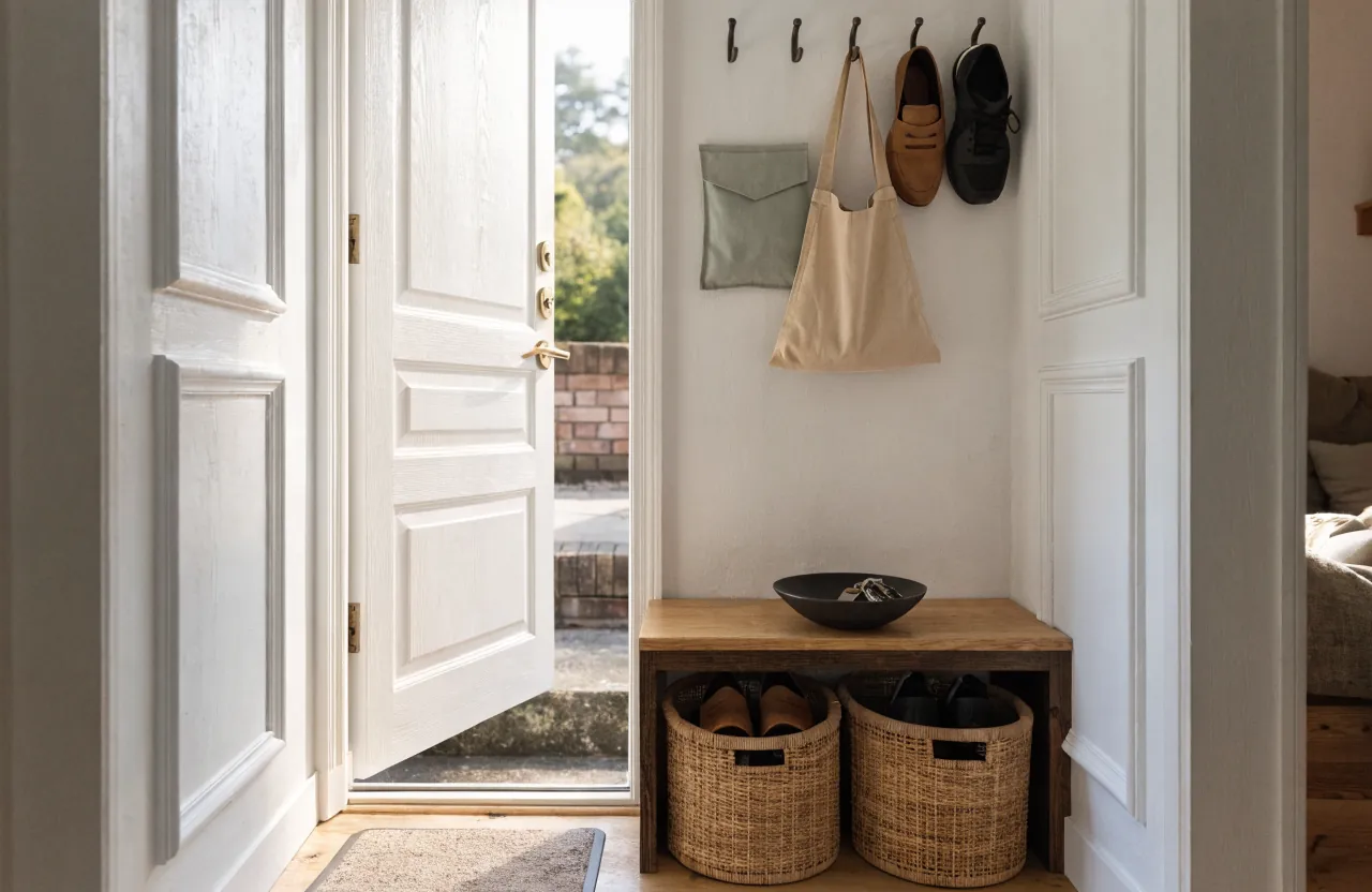 Tiny house entry zone with bench hooks shoe storage and a small drop shelf