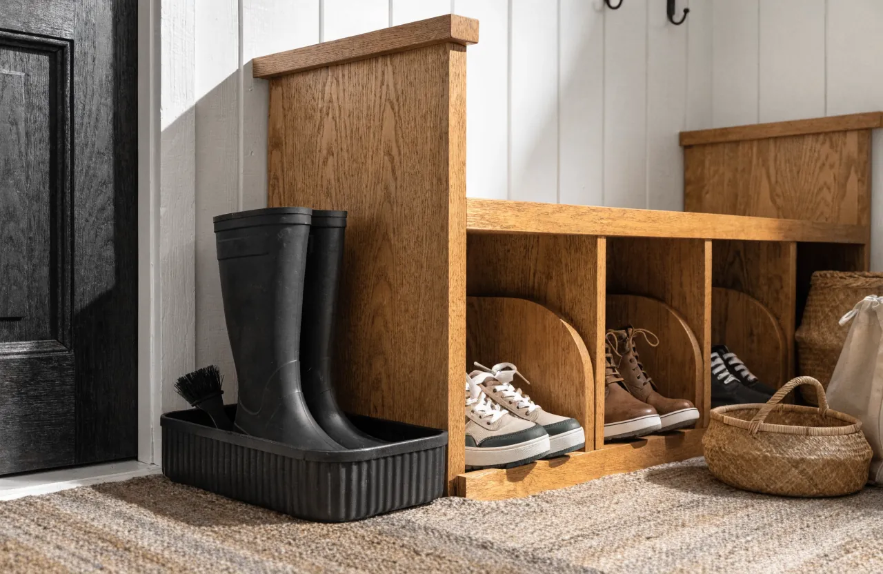 Small tiny house entryway with shoe cubbies and a washable boot tray