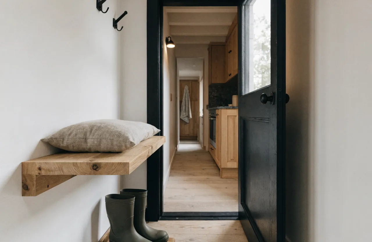 Narrow tiny house entry bench that creates a real small entryway zone