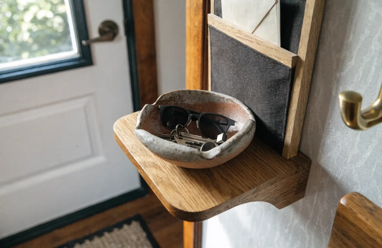 Tiny house drop zone with a small key shelf and mail pocket near the entry