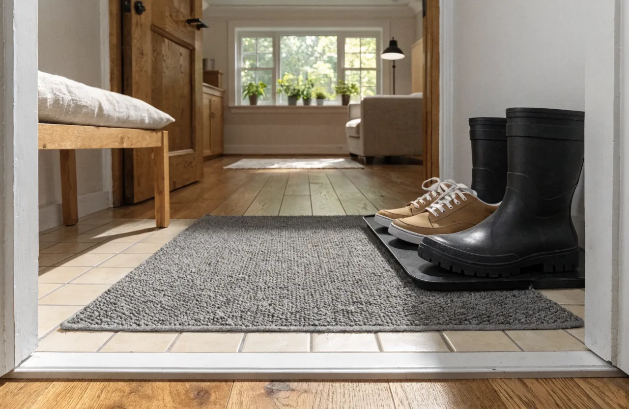 Tiny house entry zone with washable floor mat marking the doorway boundary
