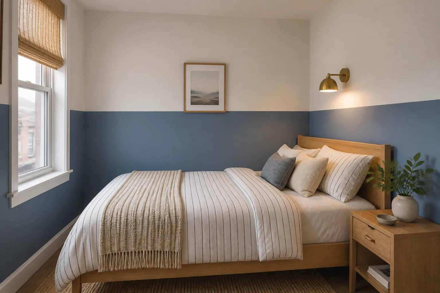 Half height bedroom wall paint design with a calm lower color and white upper wall