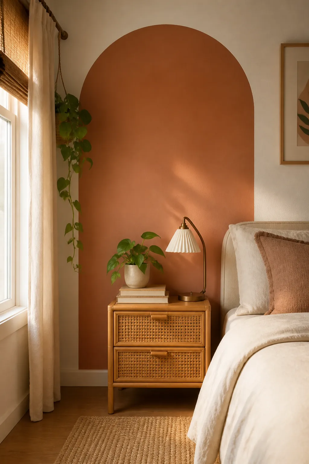 Bedroom with a painted arch wall behind a nightstand and bed in warm neutral colors