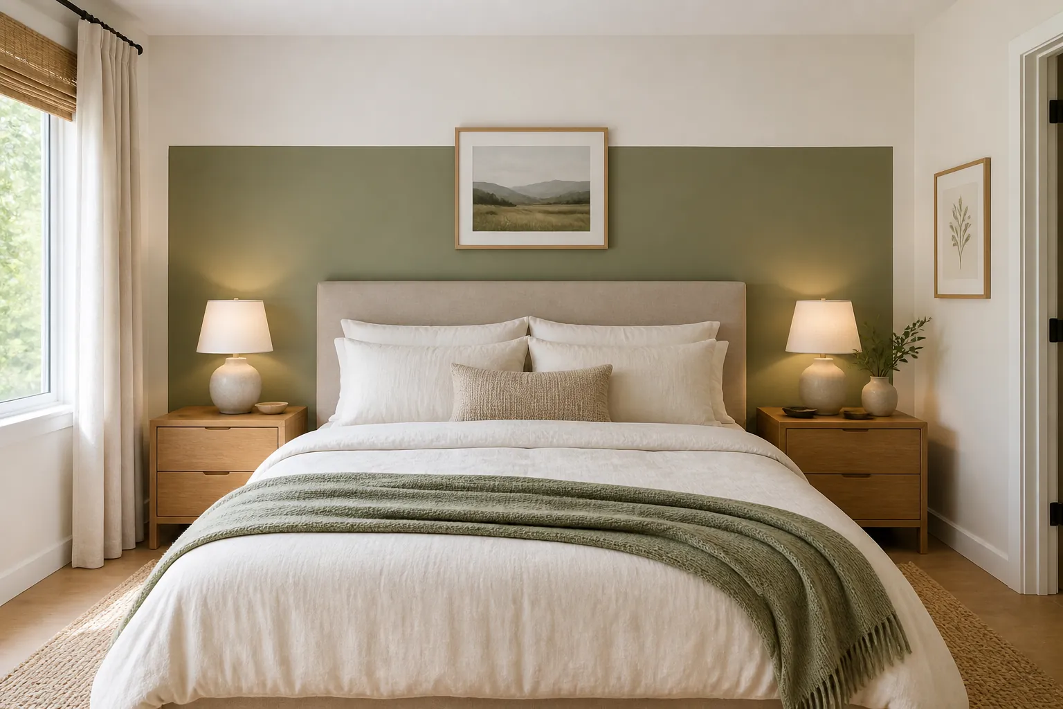 Simple bedroom wall painting idea with a soft headboard color block behind a neutral bed