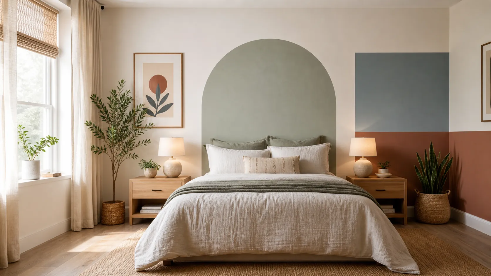 Simple wall painting ideas for bedrooms with soft painted shapes and calm natural decor