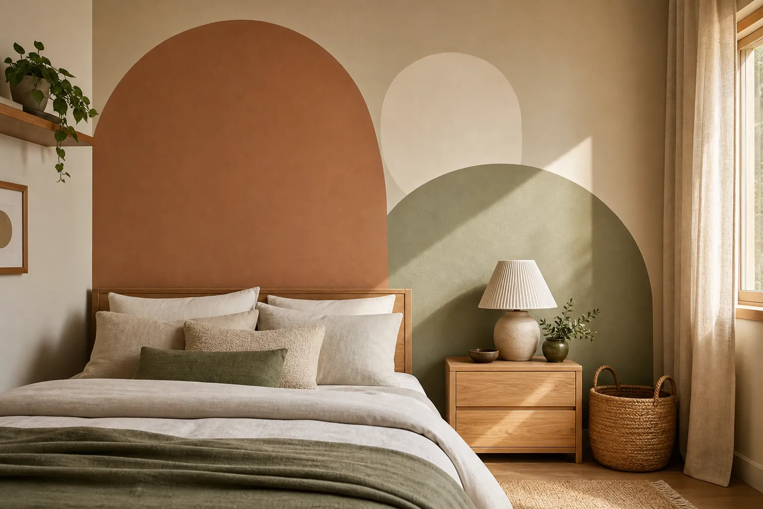 Quiet geometric bedroom wall painting idea with muted shapes above a wood nightstand