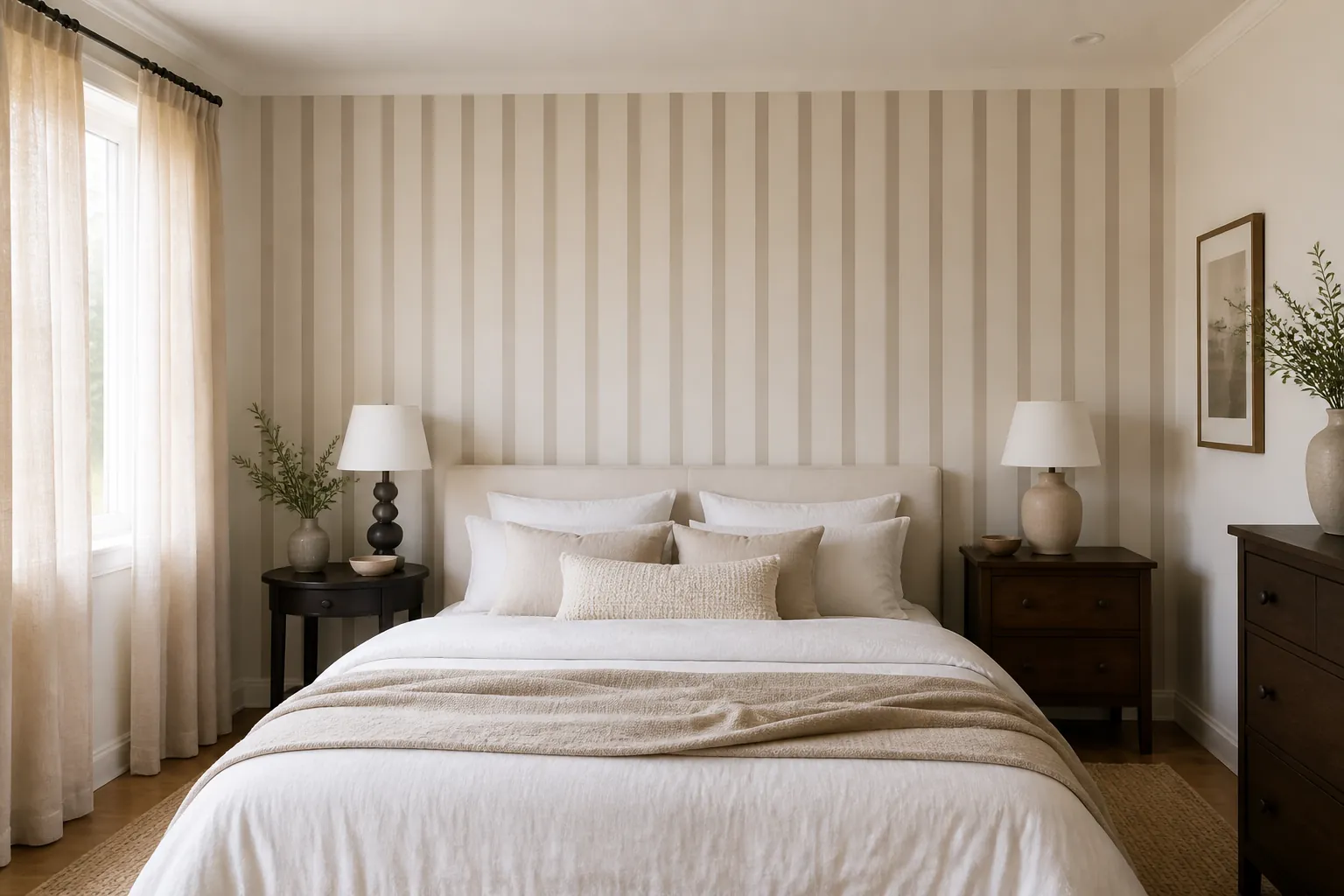 Subtle bedroom wall painting design with slim vertical painted stripes behind a bed