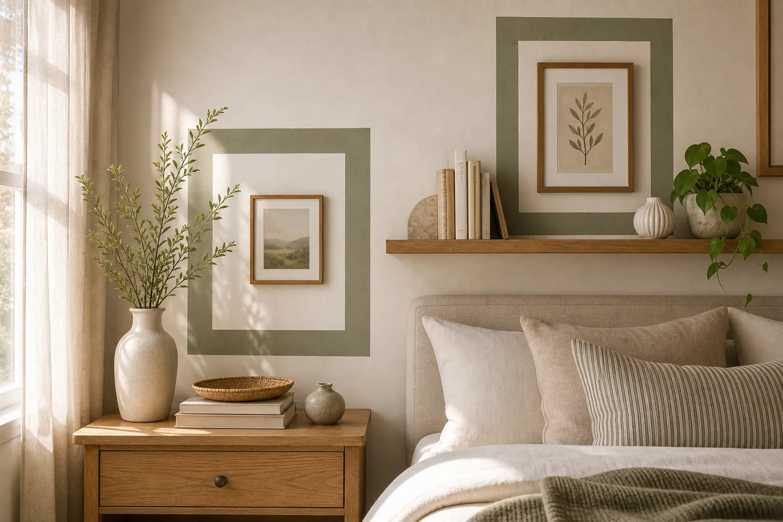 Bedroom wall with simple painted frames around art and warm natural decor