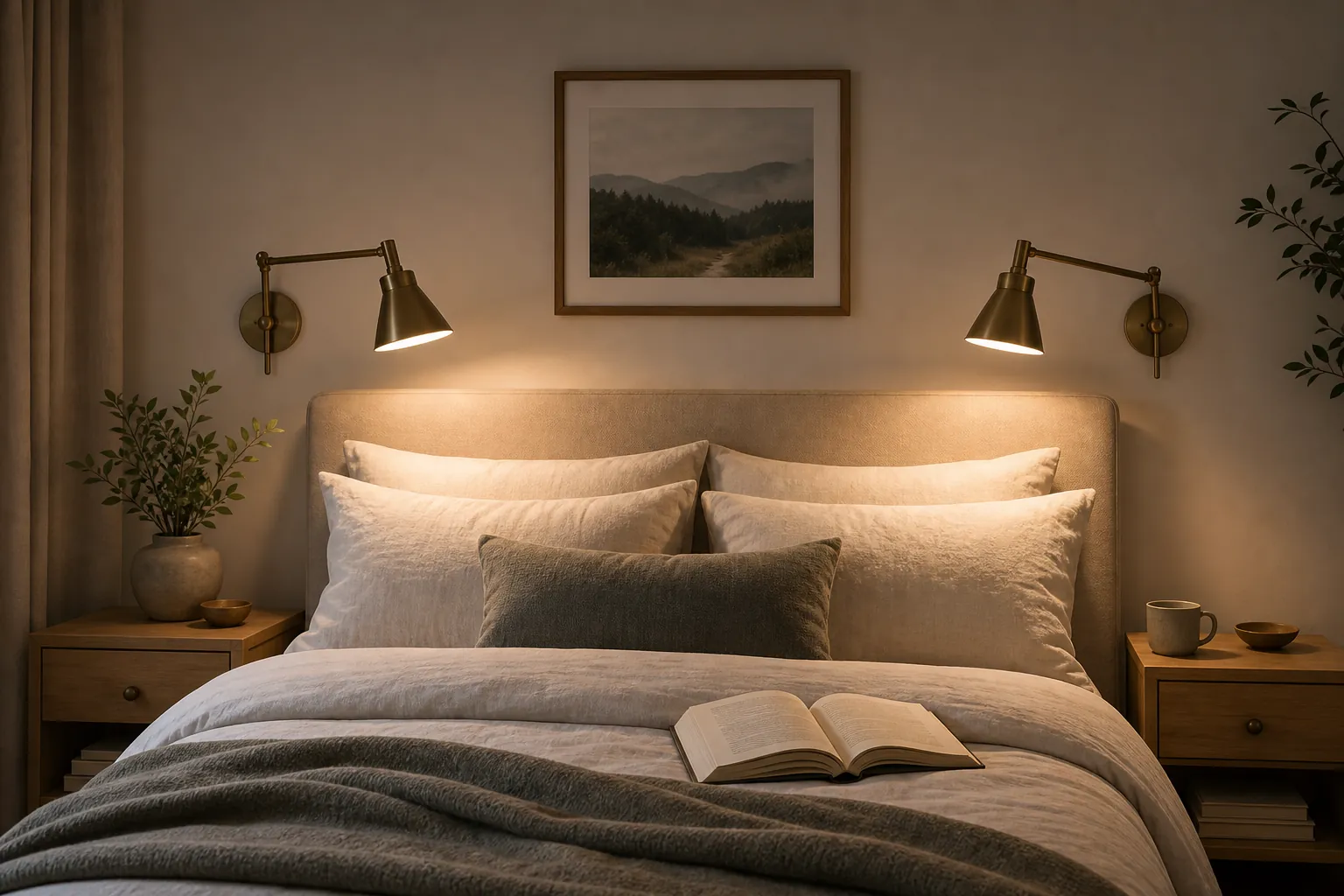 Adjustable bedroom wall lights beside a bed for comfortable reading