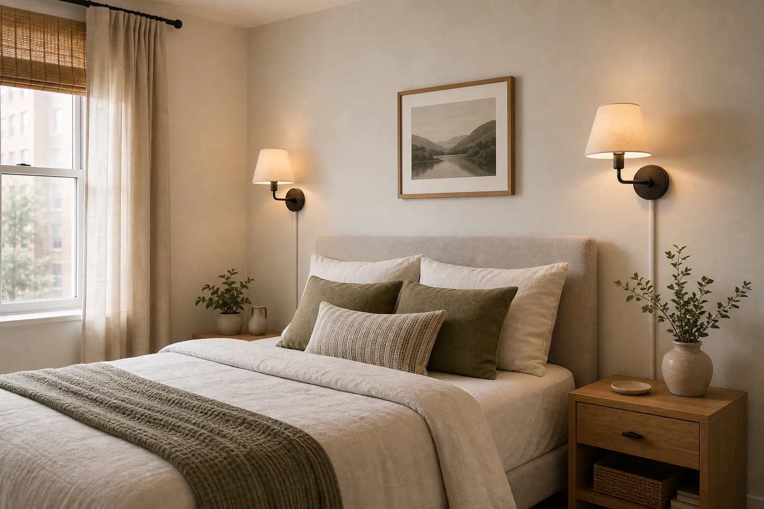 Plug in wall mounted bedside lamps with tidy cord covers in a small bedroom