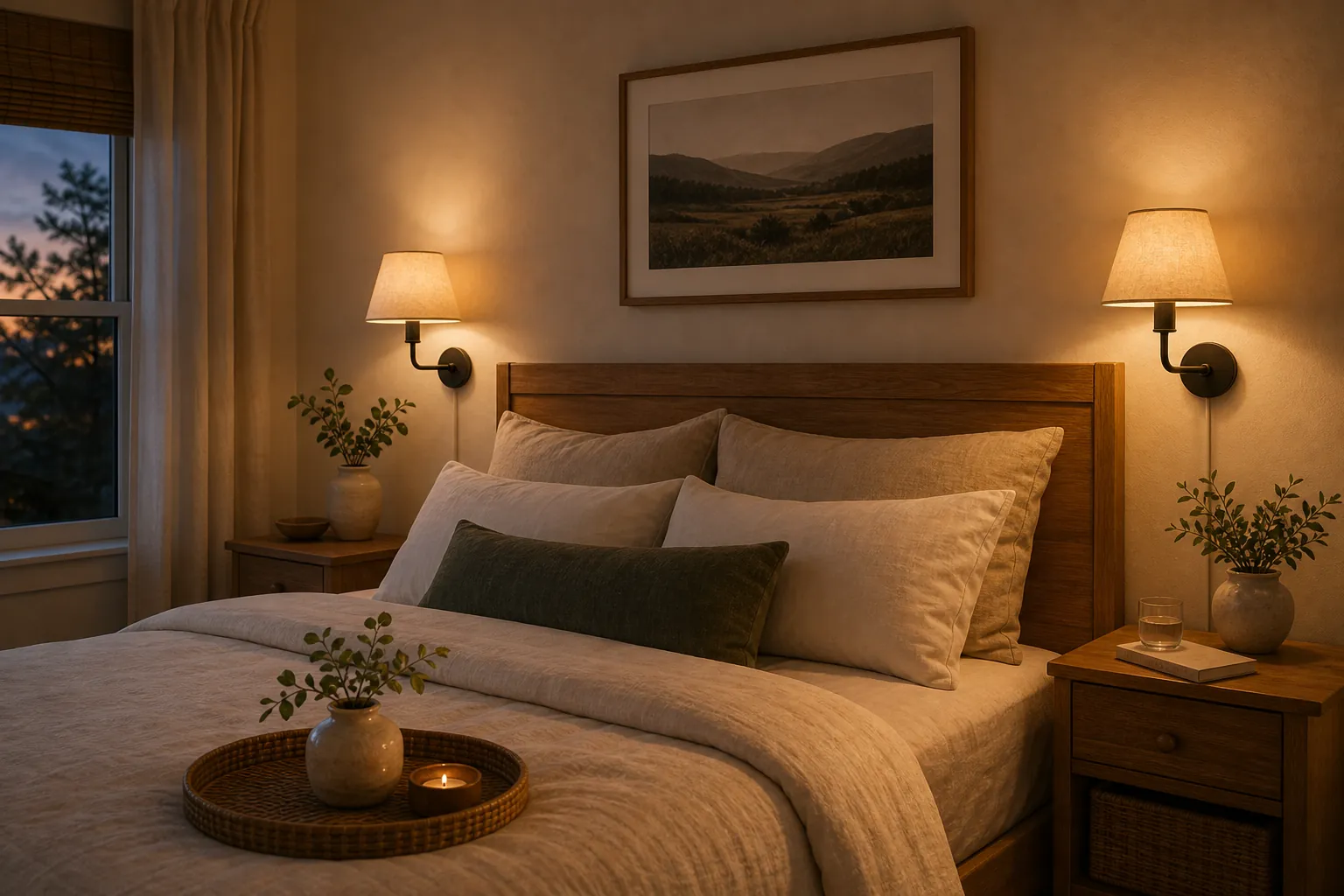 Warm shaded bedroom sconces above bed with soft light and natural bedding