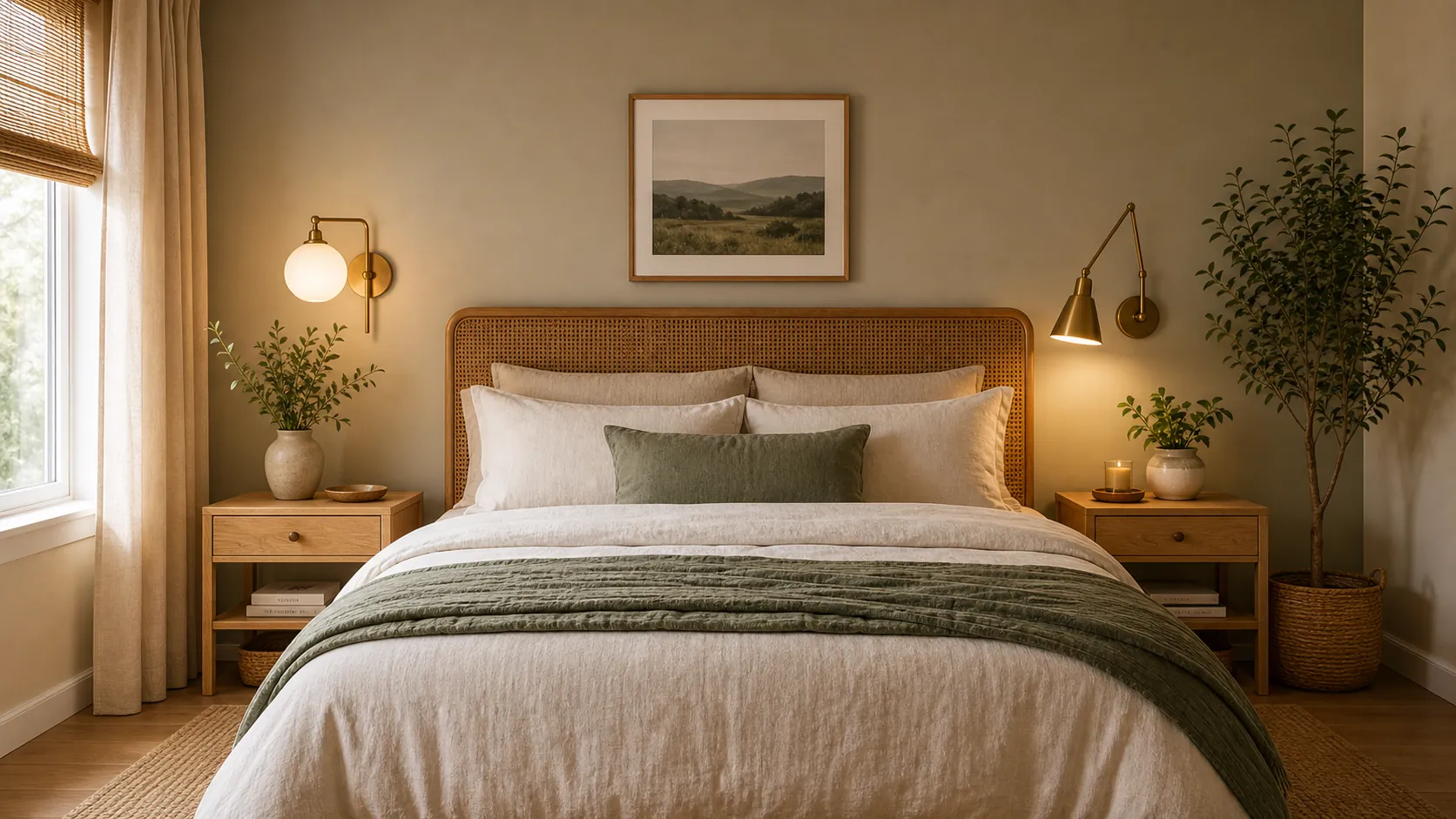 Bedroom wall lamps beside a bed with warm side lighting and natural decor