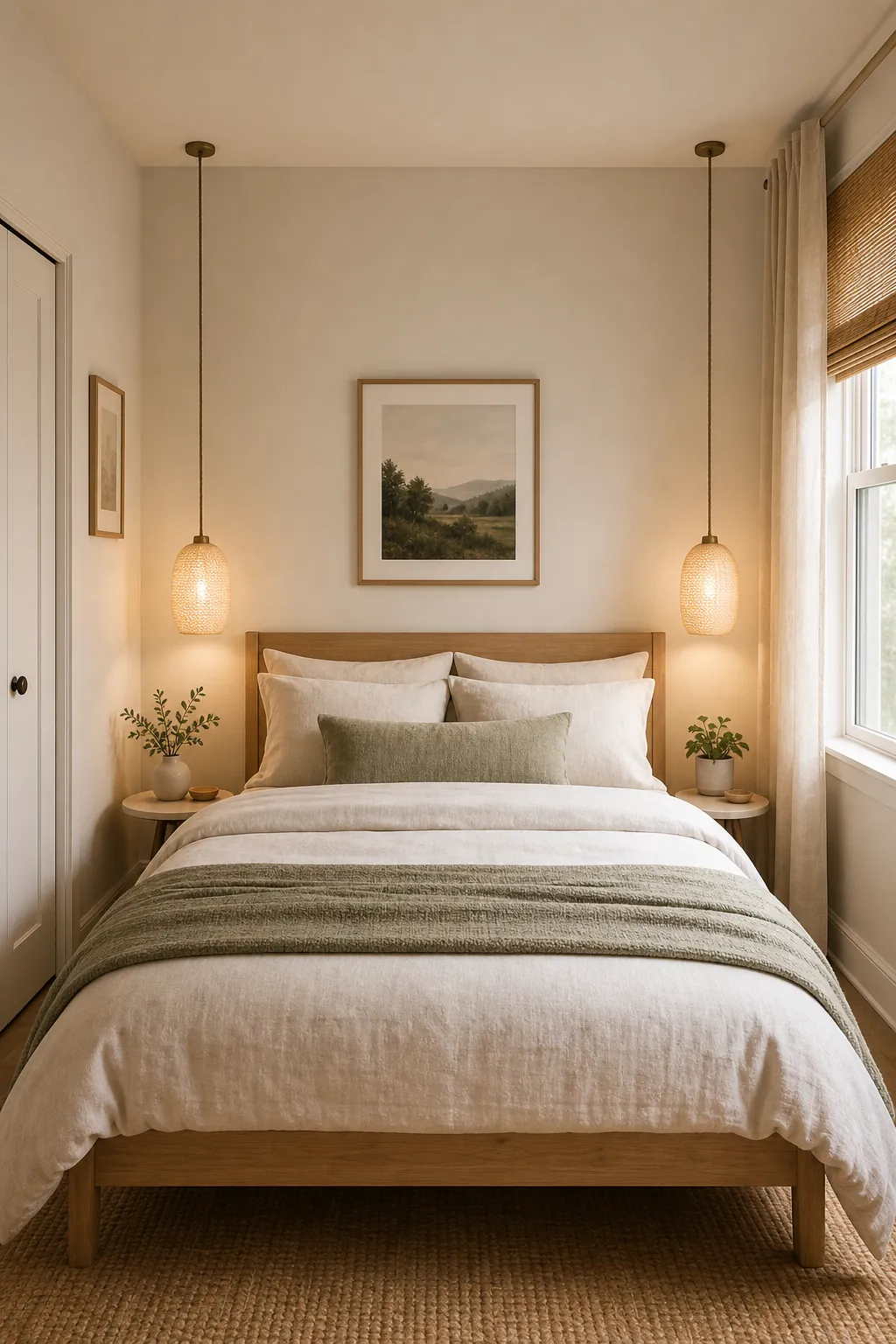 Hanging bedside lights in a small bedroom beside a compact nightstand