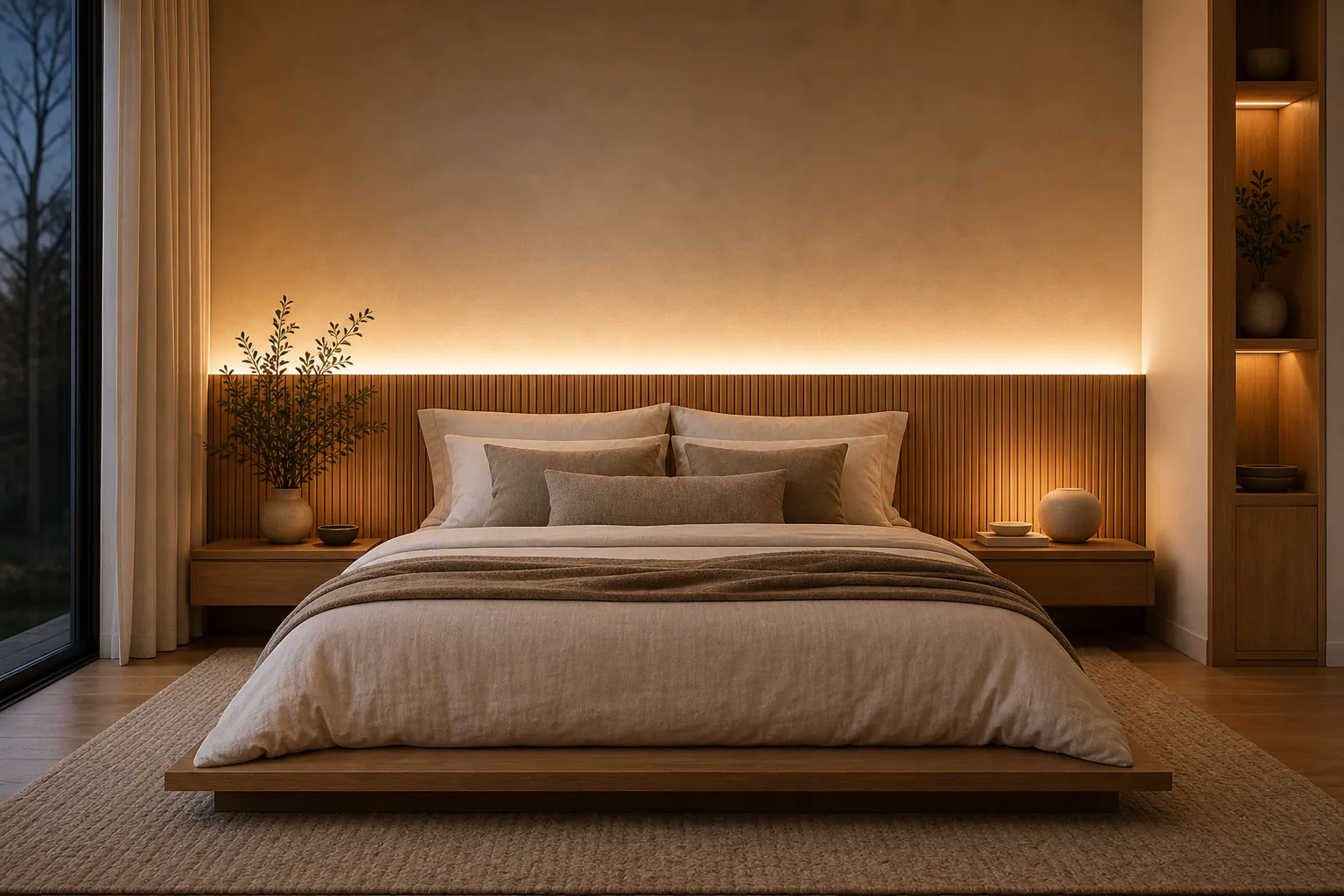 Lights behind bed creating a soft glow around a natural wood headboard