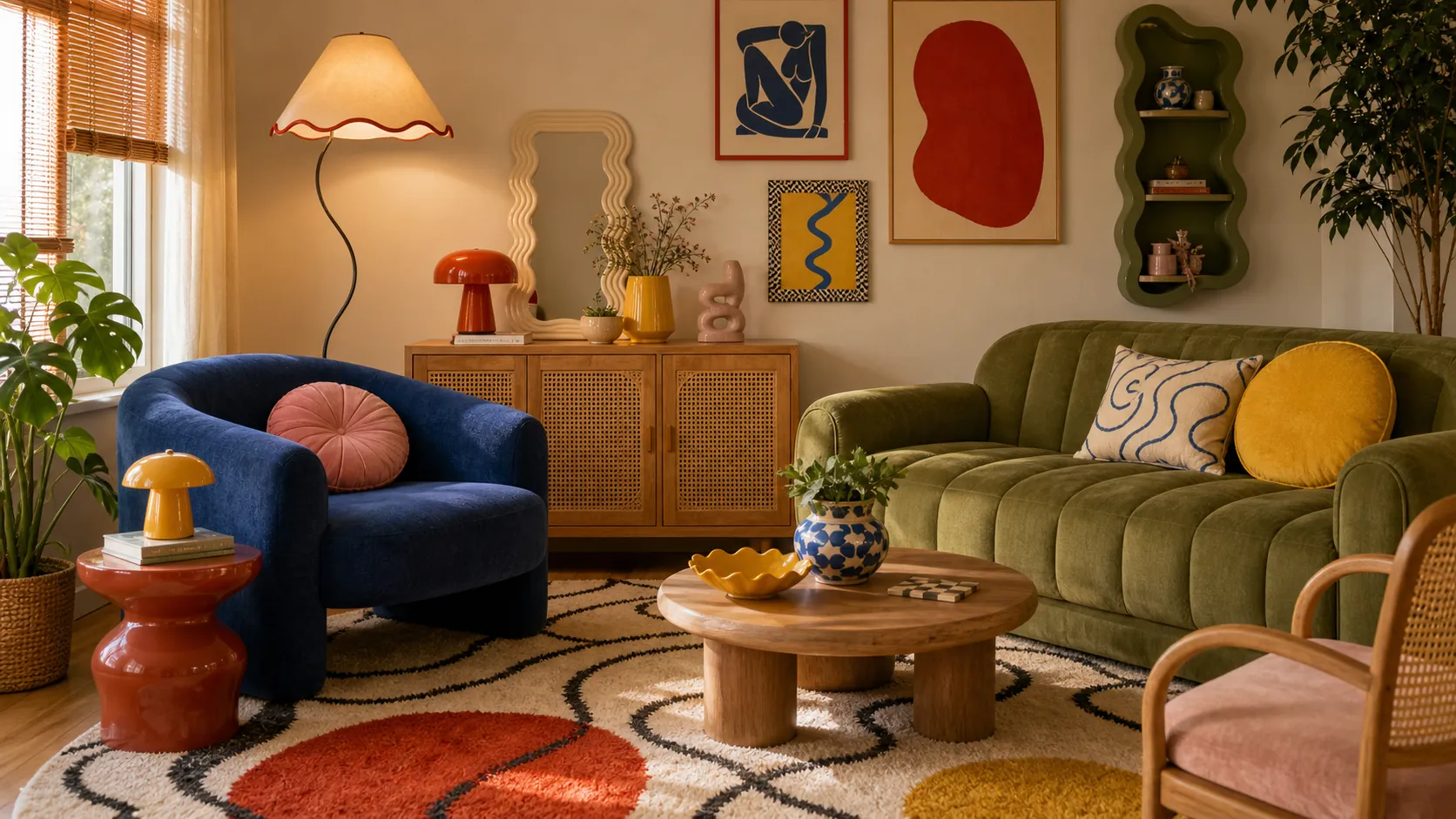 Funky decorating ideas in a colorful eclectic living room with natural textures
