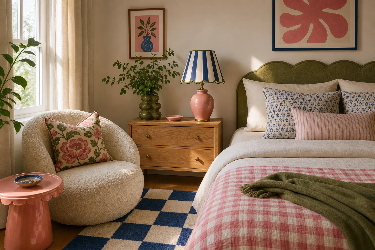 Funky bedroom corner with mixed patterns balanced by repeated colors
