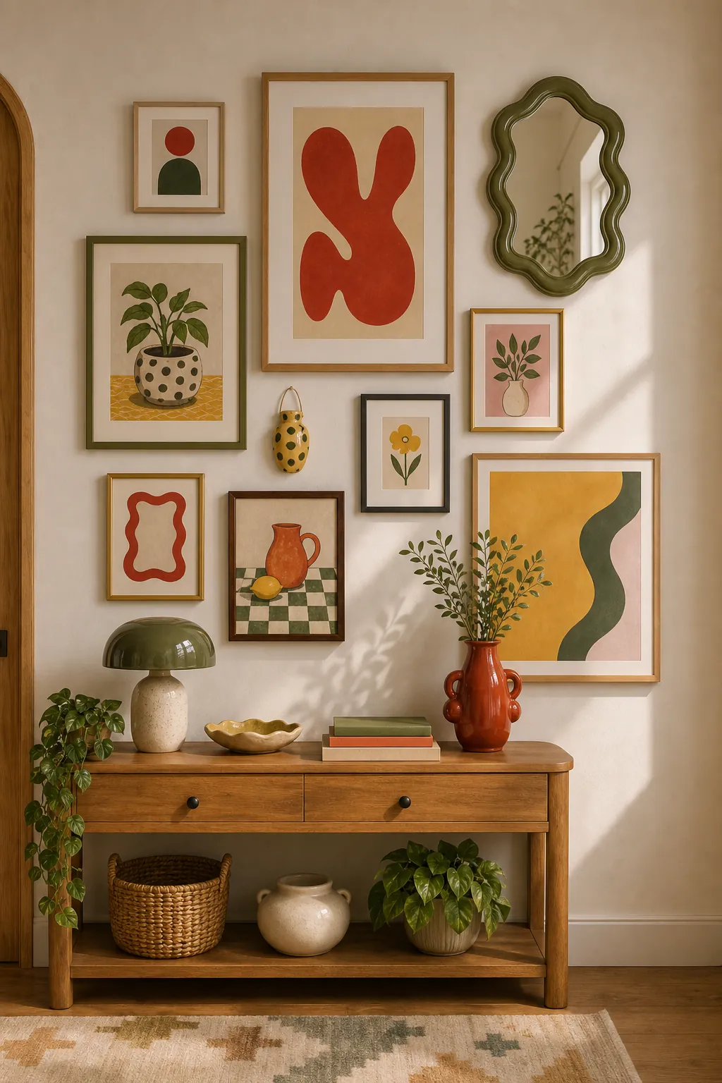 Quirky gallery wall with repeated colors and playful art in a cozy home