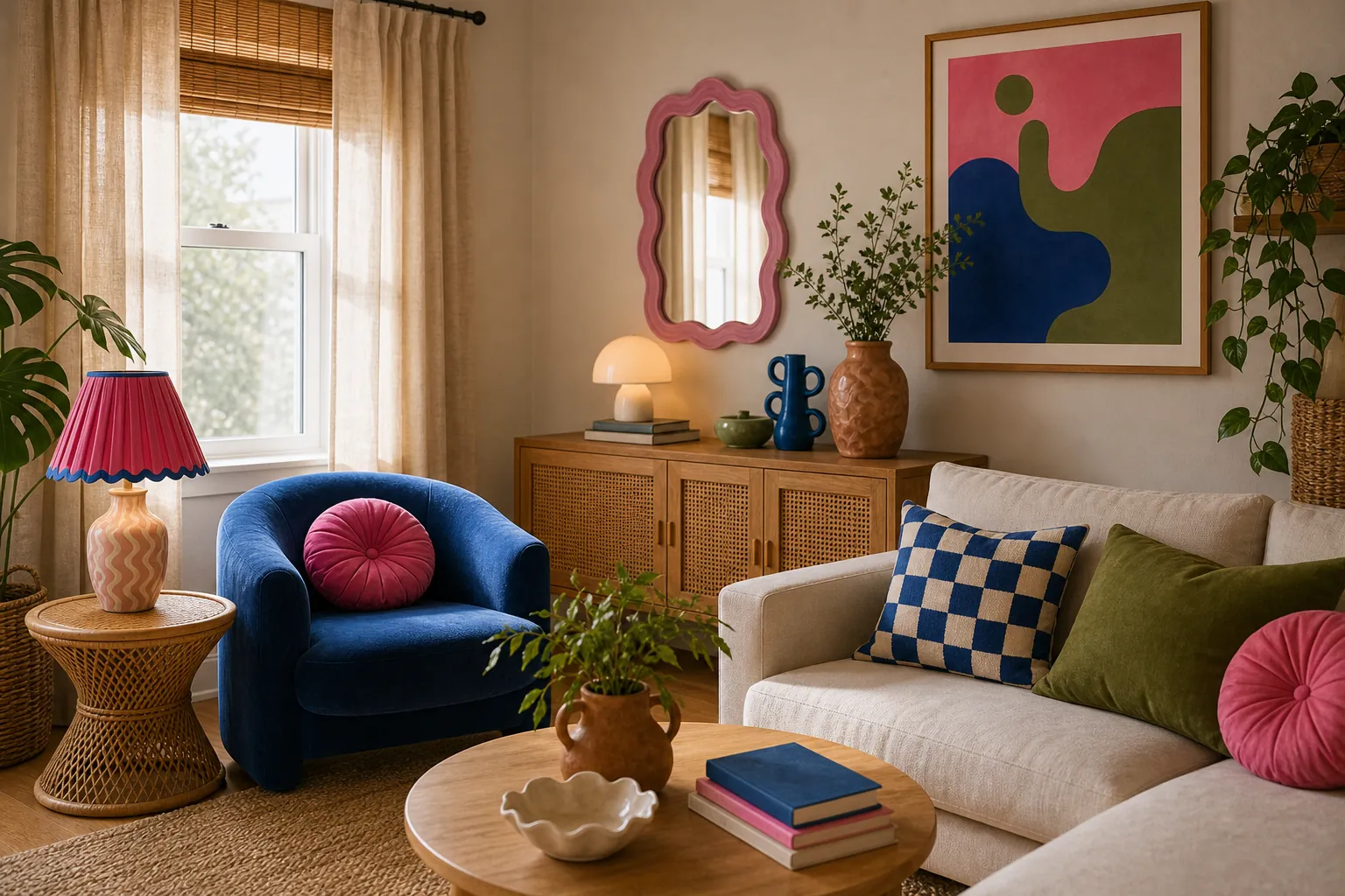 Funky natural home decor with colorful accents balanced by wood and woven textures