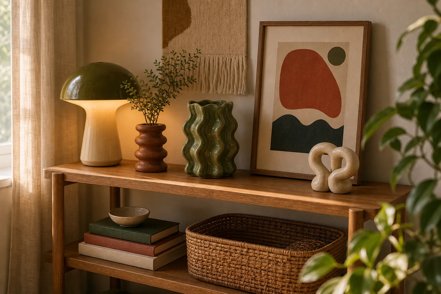Thrifted funky decorating shelf with vintage objects and natural textures
